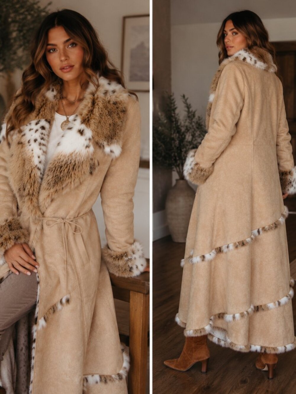 Vintage Faux Fur Trim Full Length Coat Western Boho Mob Wife Tan Beige Medium - Picture 4 of 15